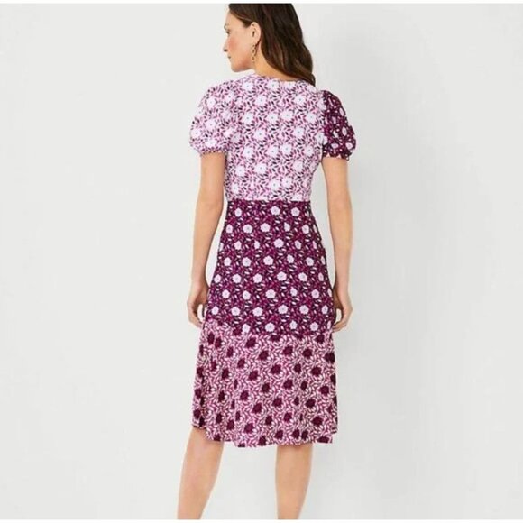 Ann Taylor Mixed Floral Midi Wrap Dress Women's Size 6 Purple Patchwork - Picture 3 of 8